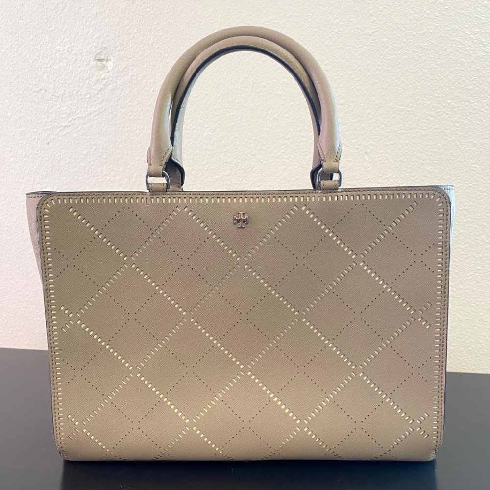 Tory Burch Robinson Crosshatch Tote LRG Grey/Ivory